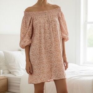Intimately Free People Pink Floral Button Down Mini dress Puff Sleeve sz XS